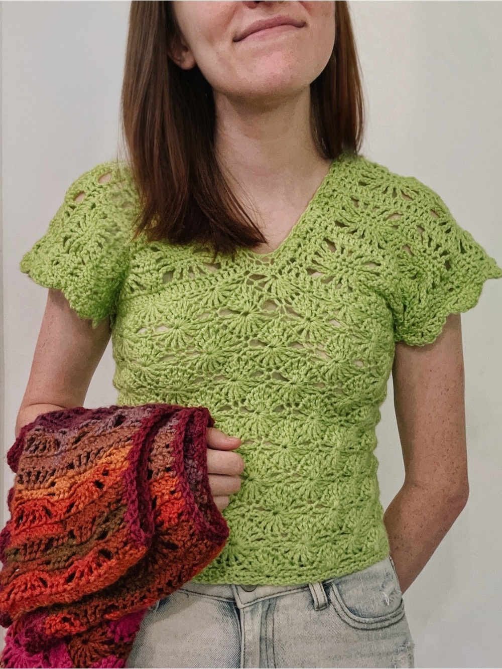 Handmade One-Of-A-Kind Light Green Crochet V-Neck Tunic Top